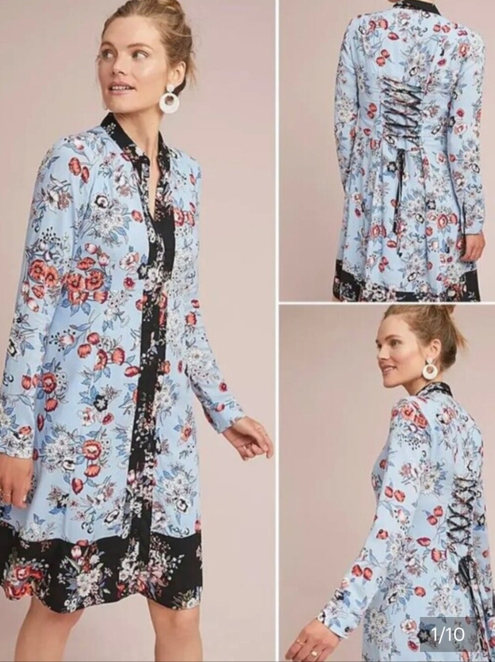 Maeve Leyster Light Blue Floral Longline Shirt Dress